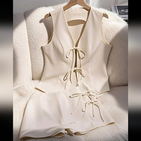 Pants - 2pcs Women Summer Casual/Office Solid Color Tie Strap Vest And Skirt Set